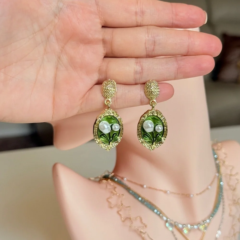 Gold-Tone Green Floral Pearl Drop Earrings